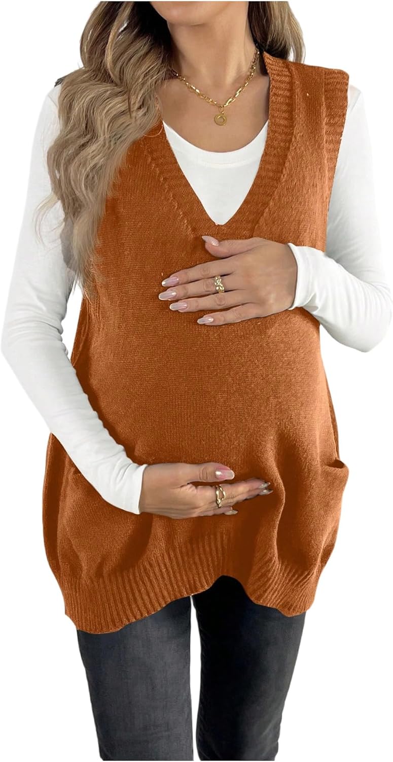 OYOANGLE Women's Maternity V Neck Sweater Vest Pregnancy Sleeveless Pullover Knitted Tank Top - Image 1
